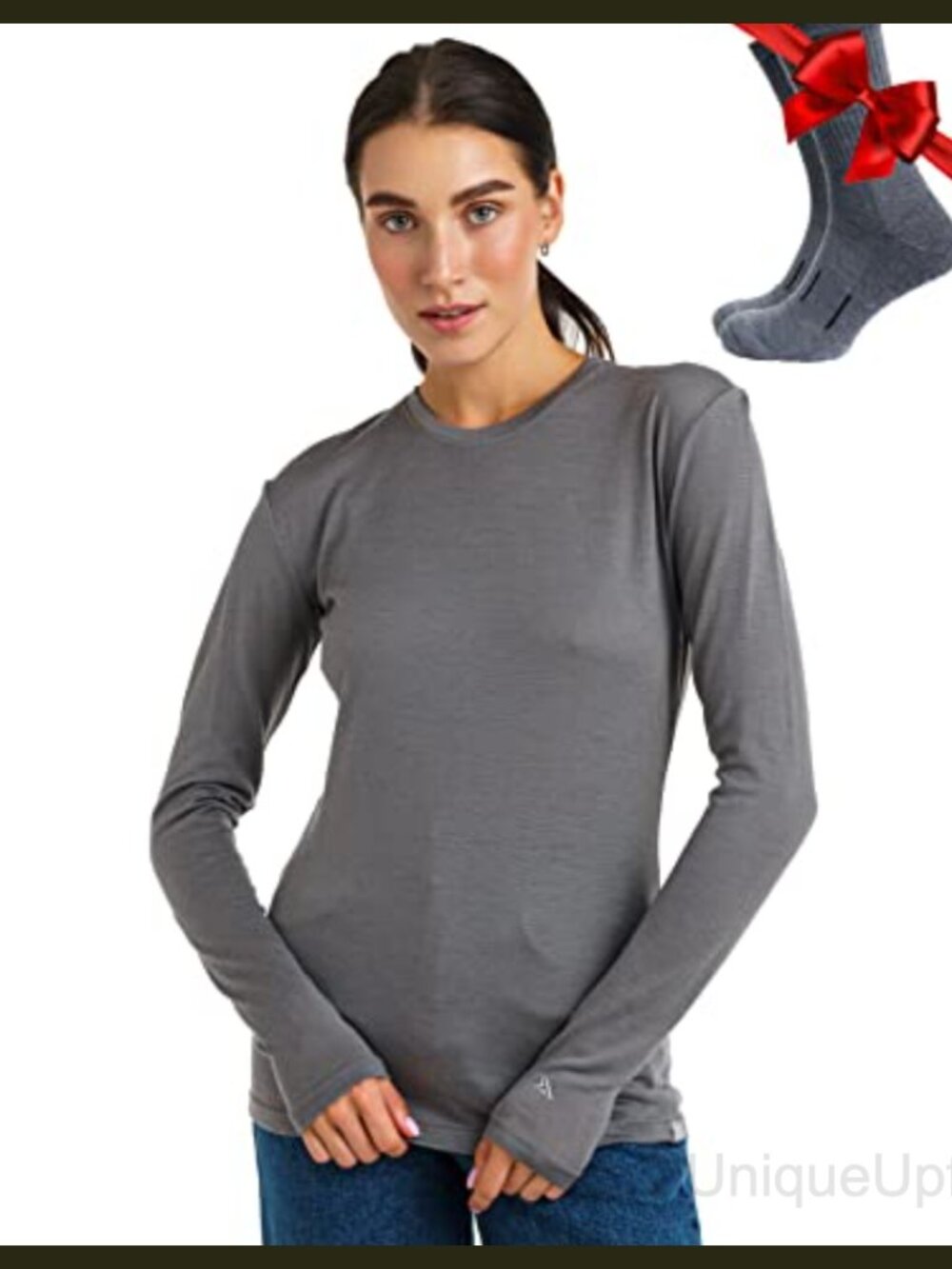 100% Merino Wool Base Layer Women Long Sleeve Thermal Shirt with Socks